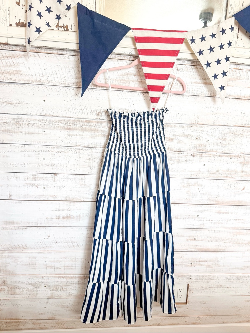 Navy and White Stripe strapless Smocked Midi dress